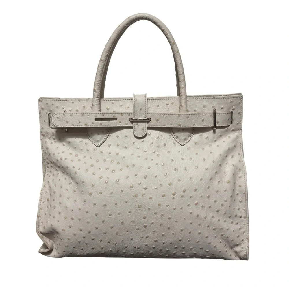 Furla Cream Ostrich Embossed Leather Satchel Double Handle Tote Handbag Women OS